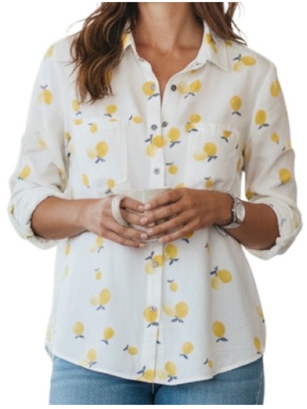 Billy T Lemon Print Lyocell Shirt Medium Coastal Grandma Lemoncore Cottagecore‎